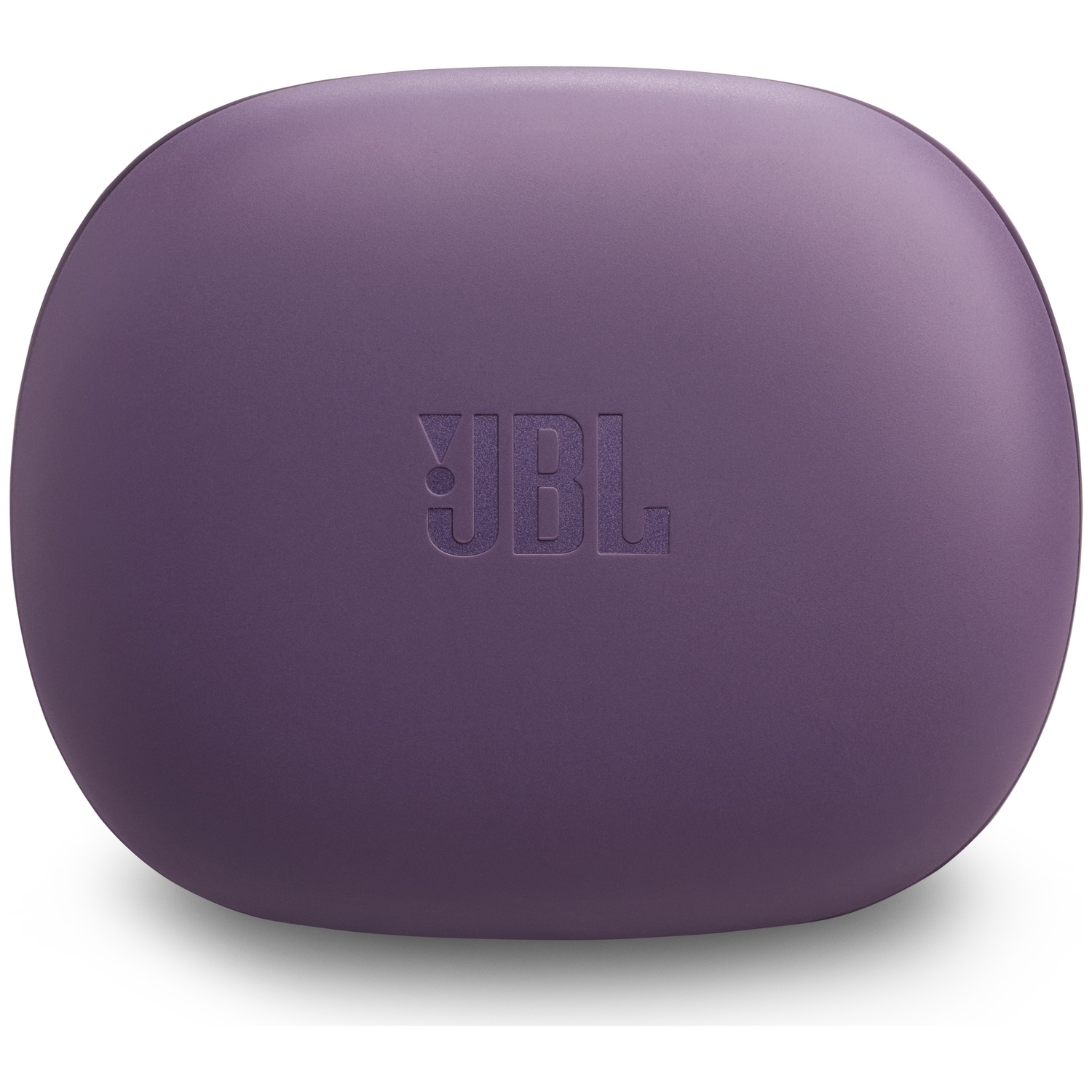 Un étui d'écouteurs JBL violet avec le logo JBL en relief sur le devant. L'étui est de forme ovale et repose sur une surface blanche.