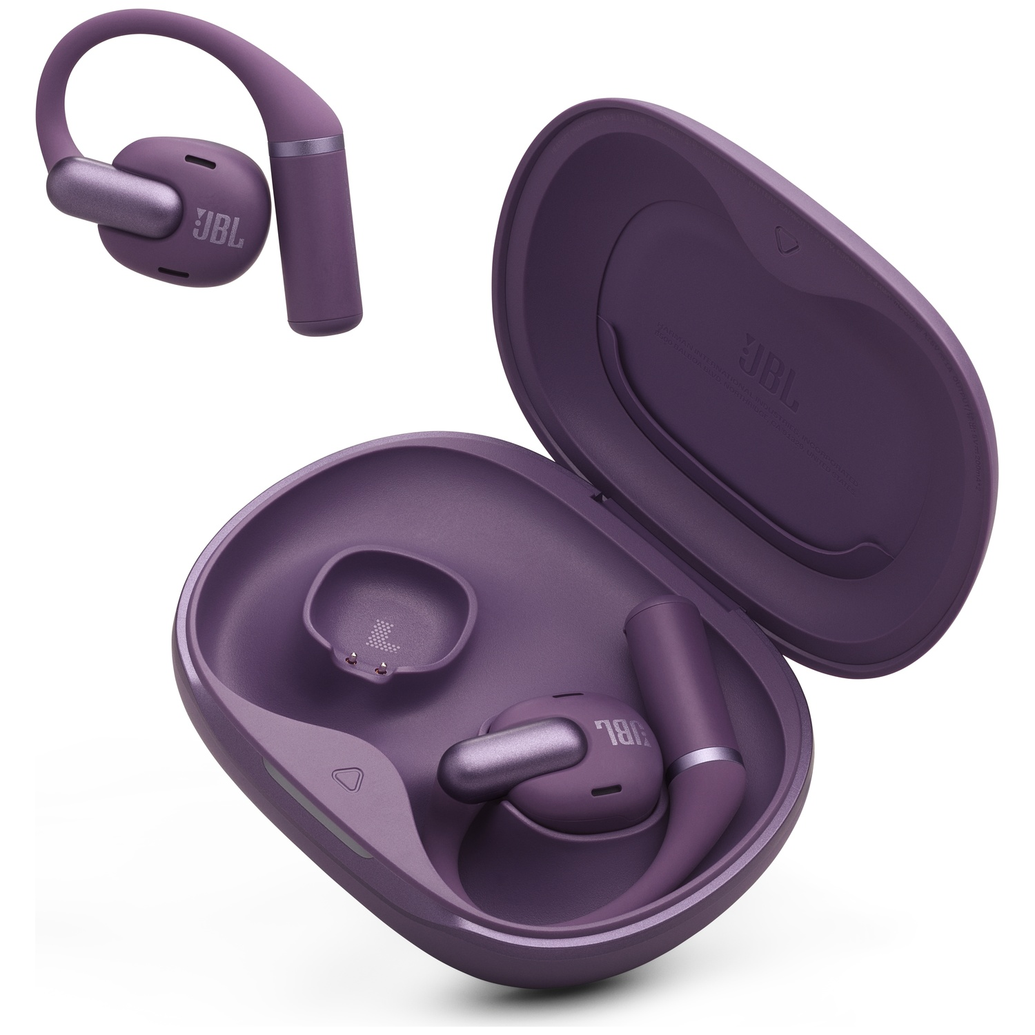 Écouteurs JBL violets avec étui de chargement. Un écouteur est séparé. L'étui est ouvert, affichant l'autre écouteur et le port de chargement.