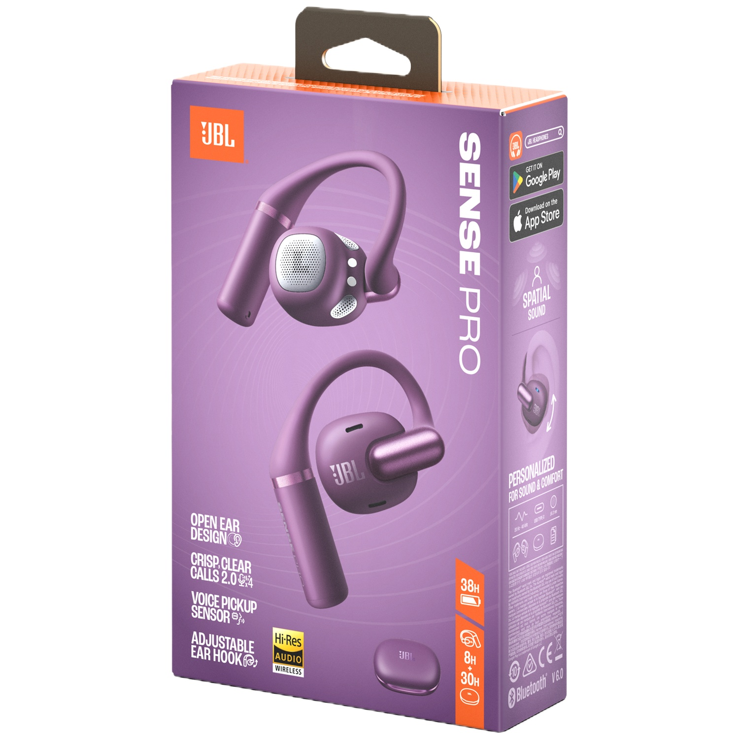 Boîte d'écouteurs JBL Sense Pro. Des écouteurs violets sont présentés sur le devant. Les caractéristiques incluent la conception à oreille ouverte et le son spatial.