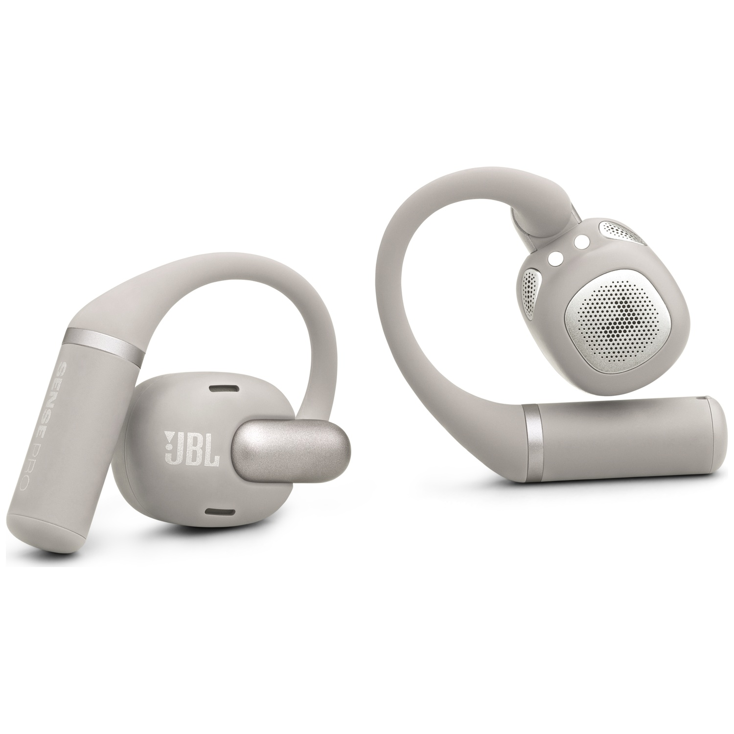 Twee grijze JBL-hoofdtelefoons op een witte achtergrond. Eén toont het JBL-logo. Beide hebben oorhaken.