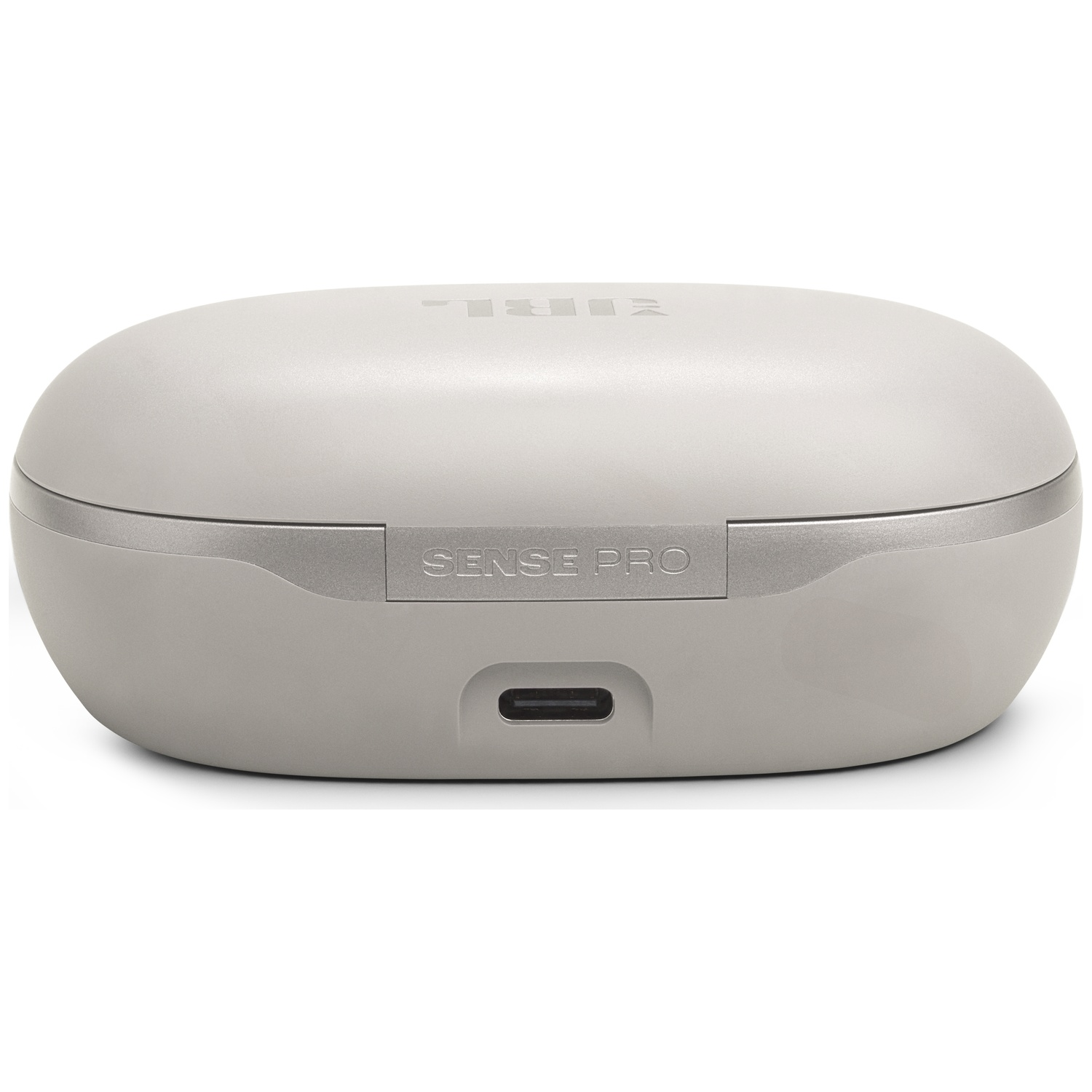 Een grijze JBL Sense Pro oplaadcase. Het is ovaal, met een zilveren band en een USB-C-poort. Het woord 'SENSE PRO' is zichtbaar.