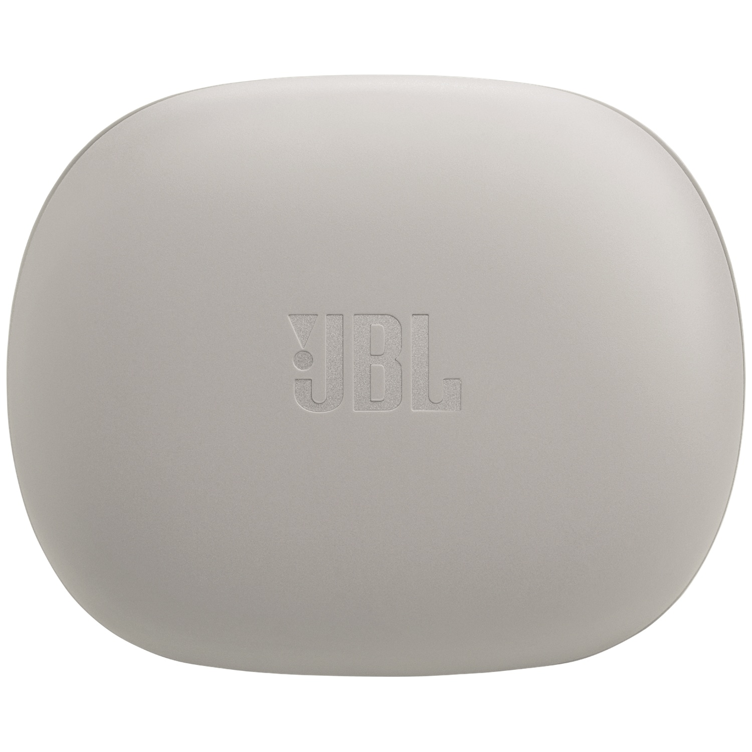 Een grijze, ovaalvormige JBL oordopjescase. Het JBL-logo is in reliëf op de voorkant. De case staat tegen een witte achtergrond.