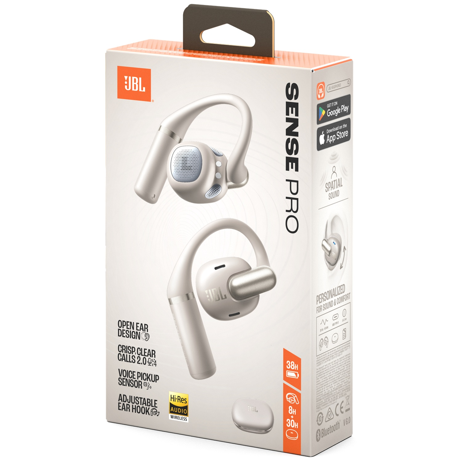 Doos met JBL Sense Pro hoofdtelefoon. Witte hoofdtelefoon met oplaadcase in de doos. Kenmerken: open oorontwerp, heldere gesprekken en draadloos.