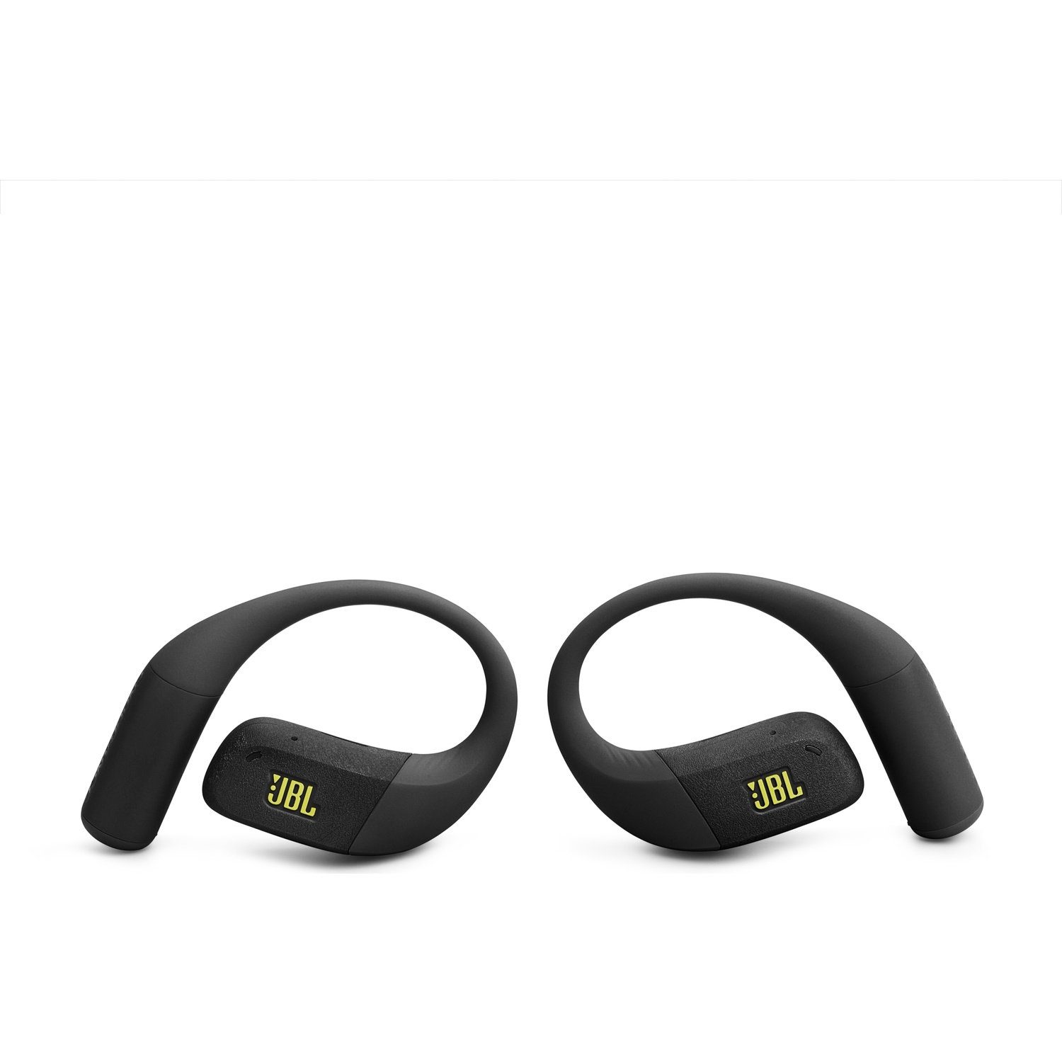 Deux écouteurs sans fil JBL noirs avec logo jaune. Les écouteurs ont un design incurvé et sont sur fond blanc.