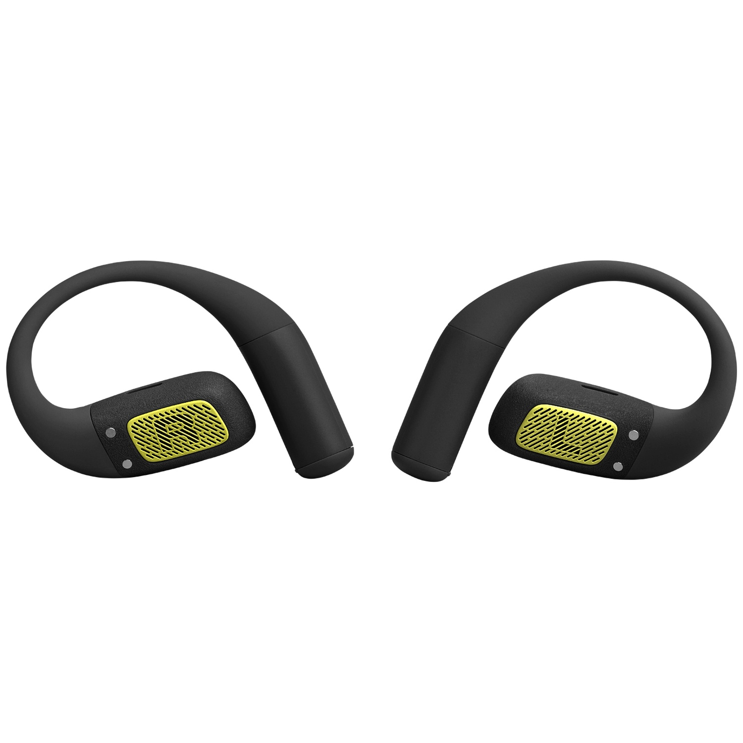 Deux écouteurs sans fil noirs avec détails en maille jaune, chacun avec une conception incurvée sur l'oreille, isolés sur fond blanc.
