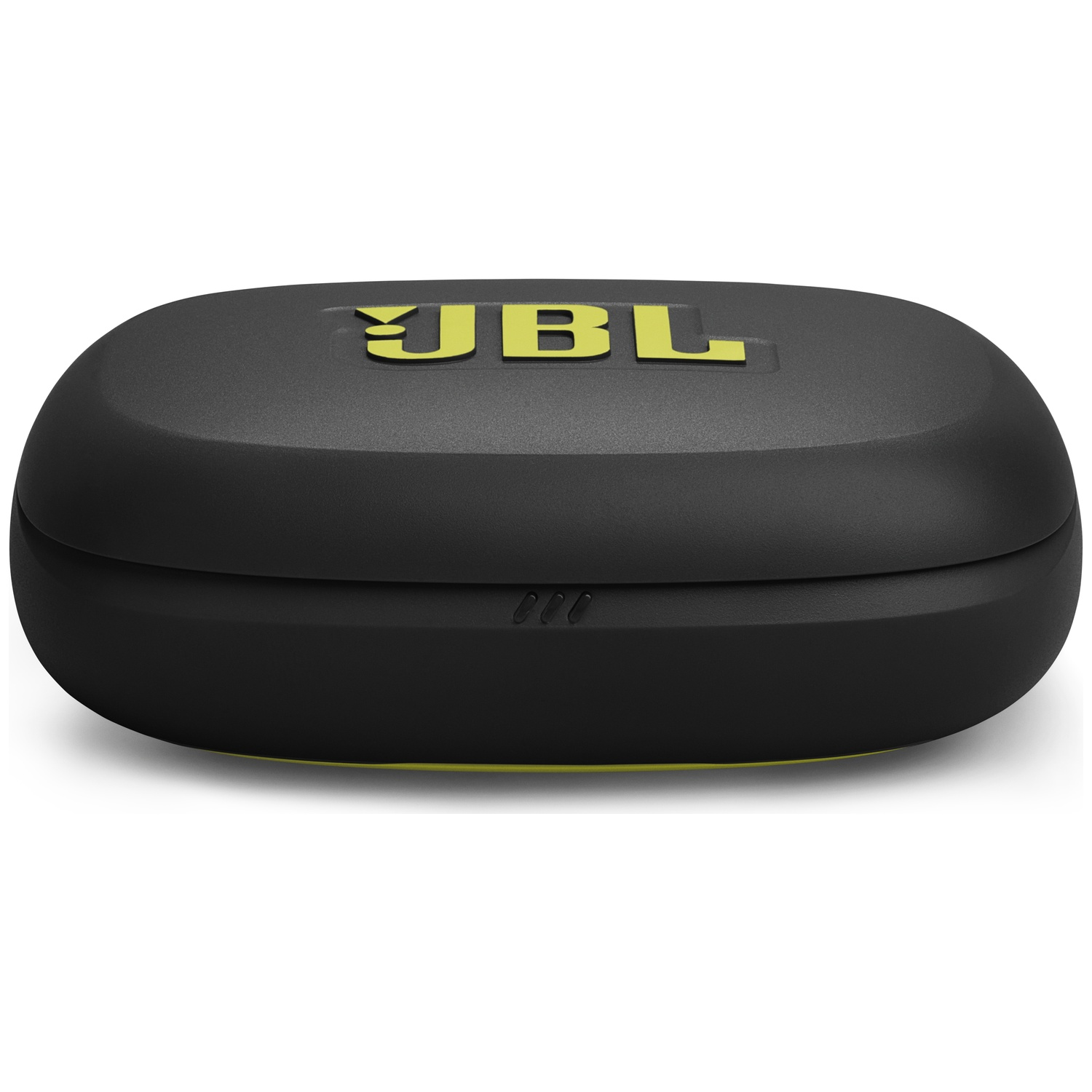 Un étui noir pour écouteurs JBL avec des touches de jaune. Le logo JBL est en jaune sur le dessus. L'étui est de forme ovale.