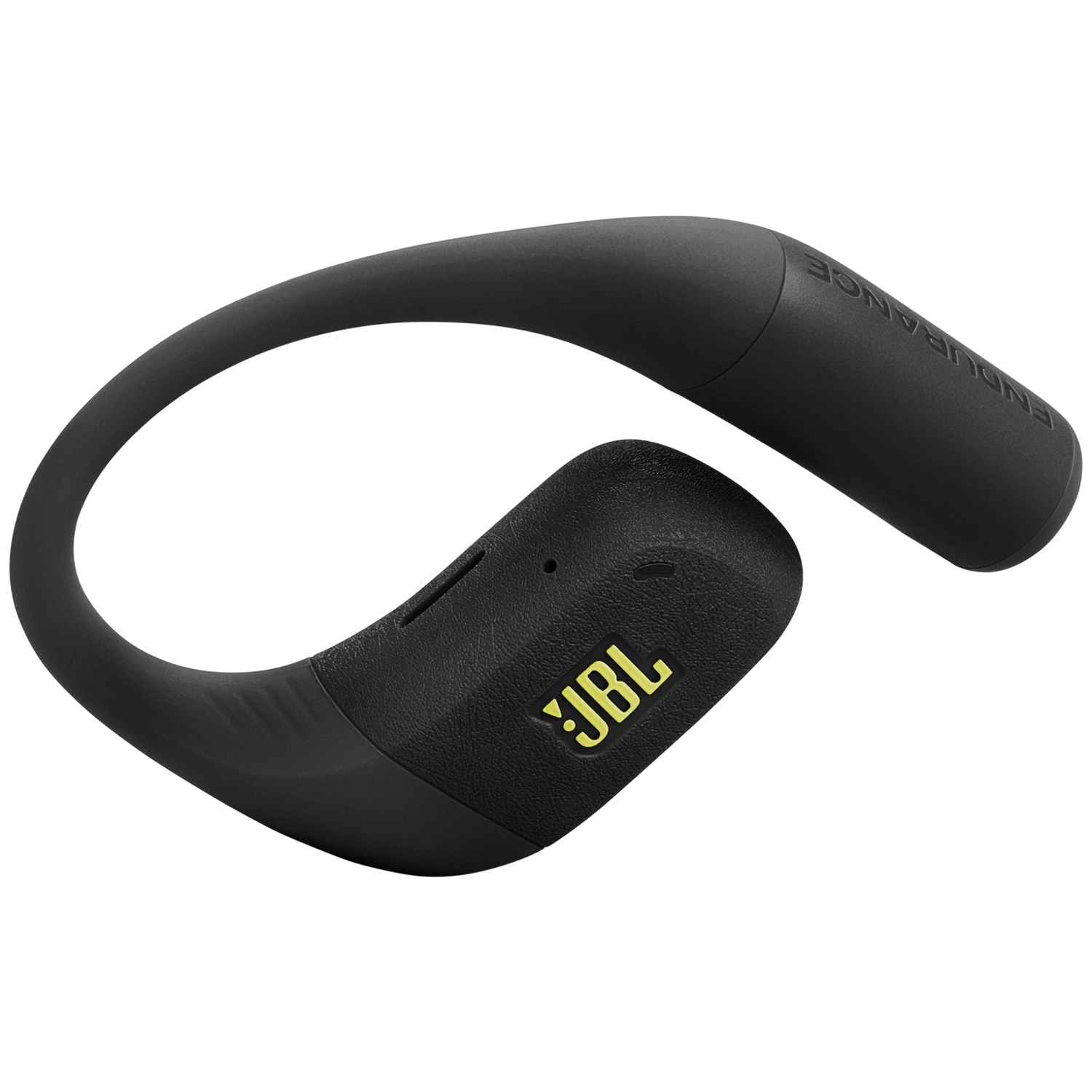 Écouteur sans fil JBL Endurance noir. Il a un design incurvé pour s'adapter à l'oreille. Le logo JBL est jaune.
