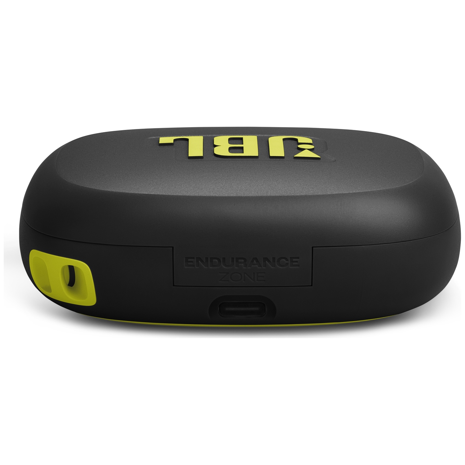 Étui de chargement pour écouteurs JBL noir et jaune. Logo JBL jaune sur le dessus, avec le texte 'Endurance Zone'. Accents jaunes sur les côtés.
