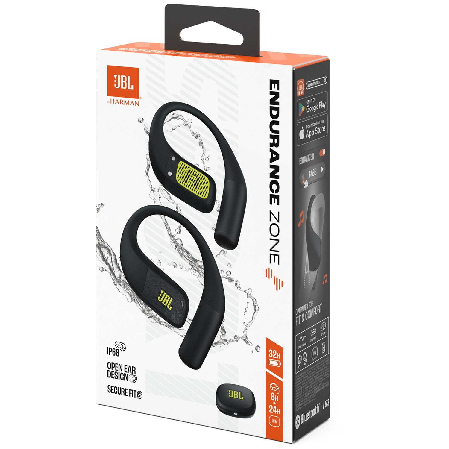 Boîte d'écouteurs JBL Endurance Zone. Écouteurs noirs et jaunes visibles à l'avant. Le texte comprend les fonctionnalités et les détails de l'application.