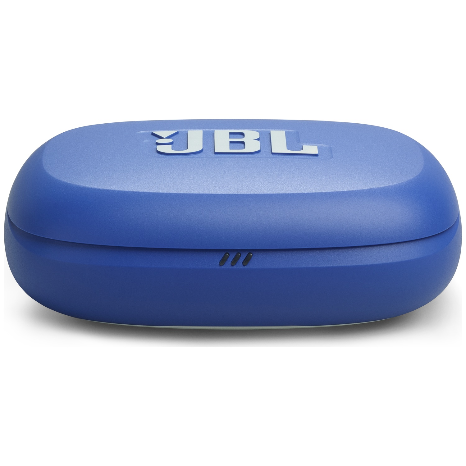 Un étui JBL bleu avec le nom de la marque en blanc sur le dessus. De forme ovale, avec trois petits points en bas. Isolé sur fond blanc.