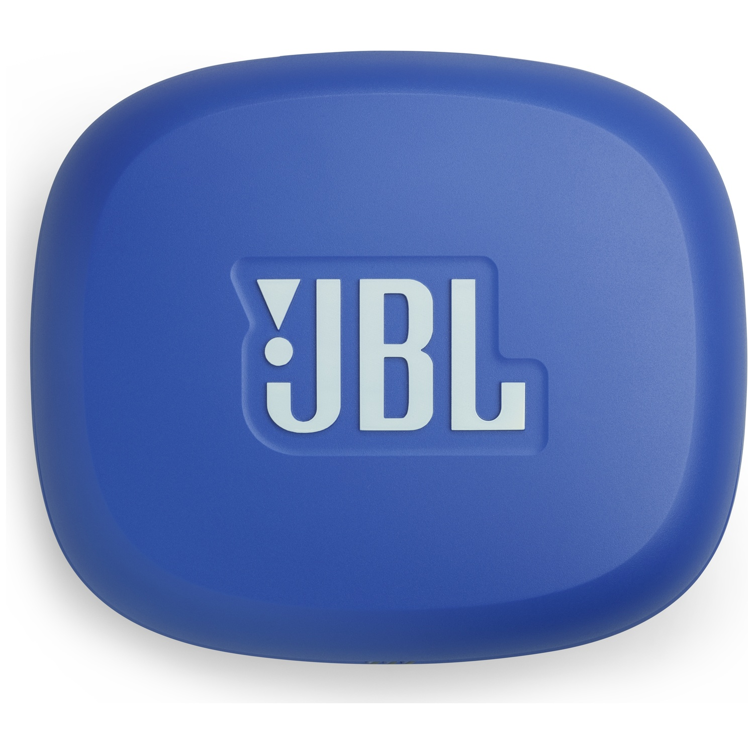 Un étui carré bleu arrondi avec le logo JBL blanc. L'étui est sur un fond blanc.