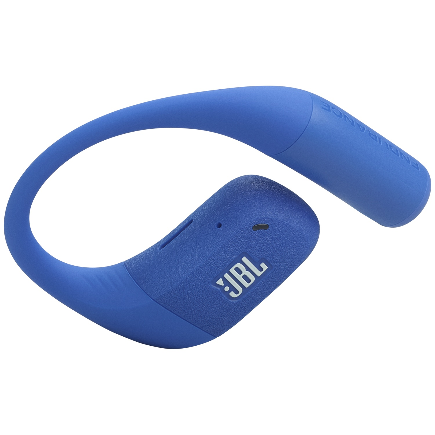 Casque JBL Endurance bleu. Le casque a un crochet pour l'oreille et le logo JBL est visible.