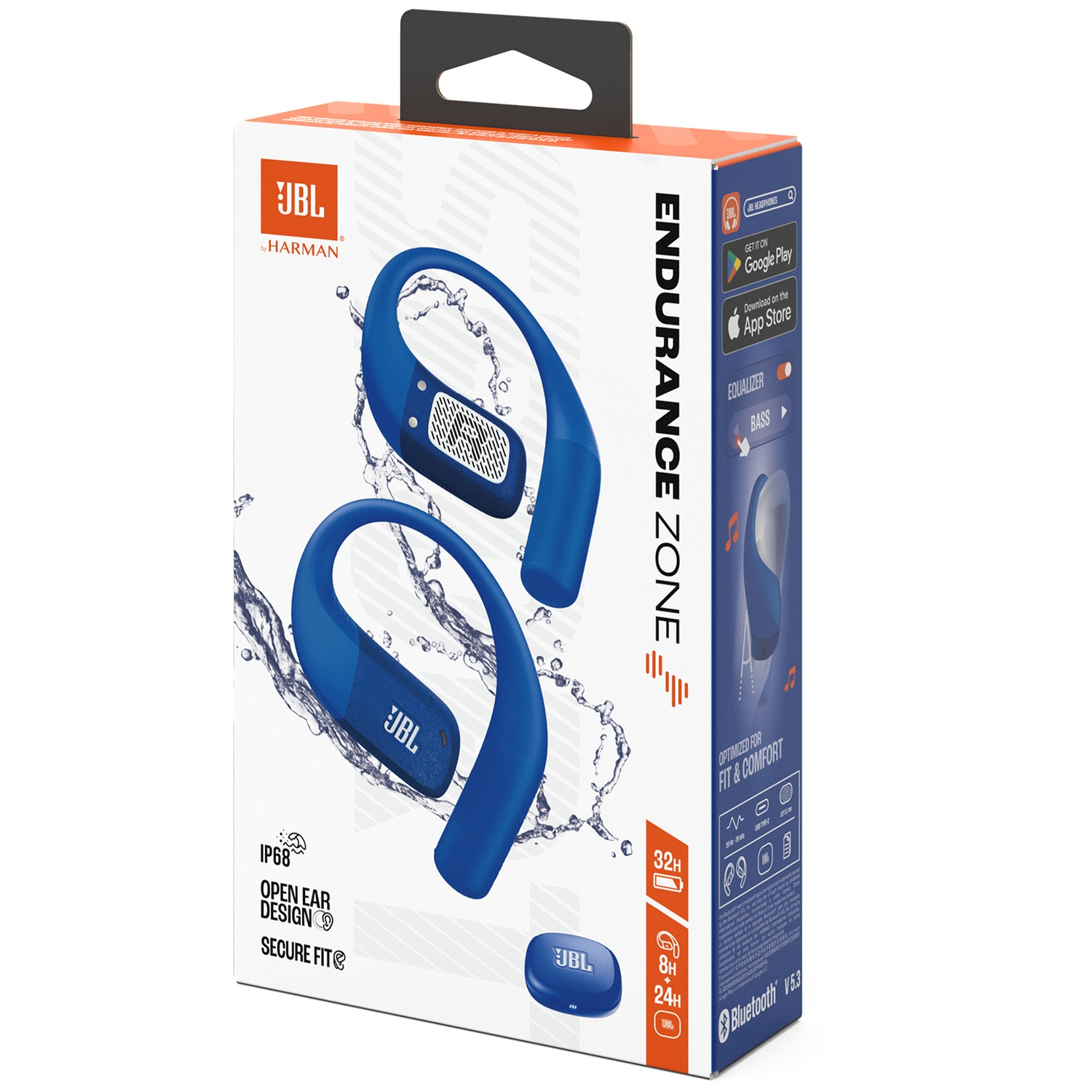 Boîte d'écouteurs JBL Endurance Zone bleus. Caractéristiques : IP68, Open Ear Design, Secure Fit et Bluetooth V5.3.