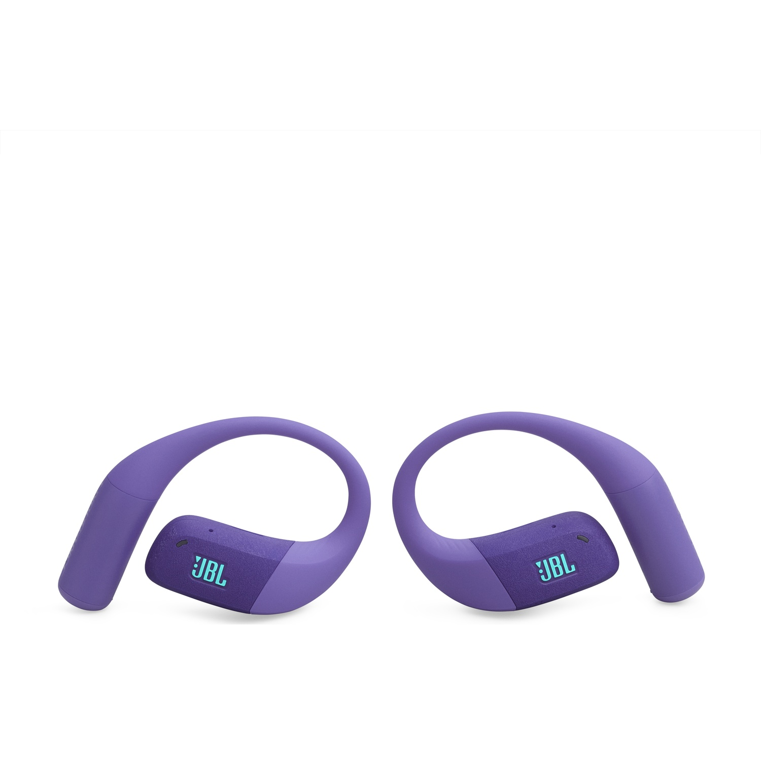 Twee paarse JBL-hoofdtelefoons op een witte achtergrond. Elk heeft een gebogen ontwerp en het JBL-logo. De achtergrond is effen.