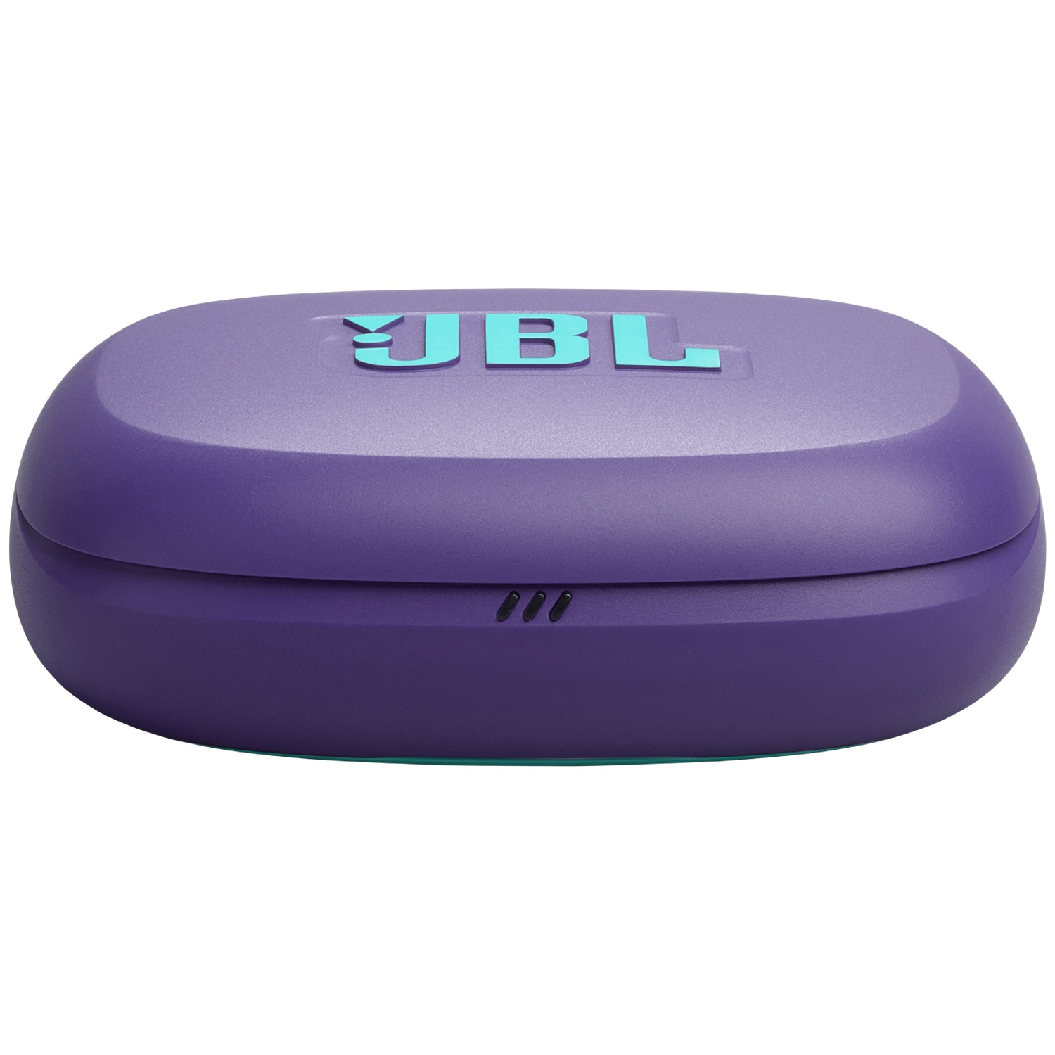 Een paarse JBL oordopjes case met een turquoise logo. De case is ovaal en heeft drie kleine gaatjes aan de onderkant.