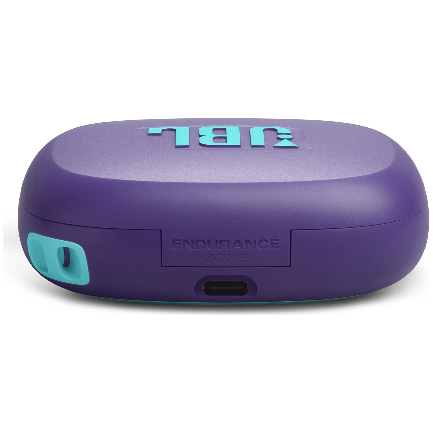Paarse JBL oortjescase met turquoise accenten. De merknaam JBL staat erop. De case staat op een witte achtergrond.
