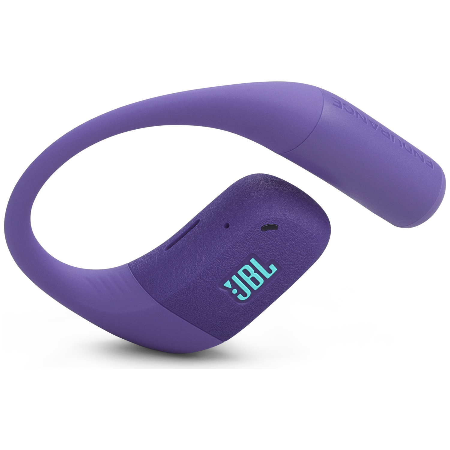 Een paarse JBL Endurance draadloze oortelefoon. De oortelefoon heeft een haakontwerp en een getextureerd oppervlak met het JBL-logo.