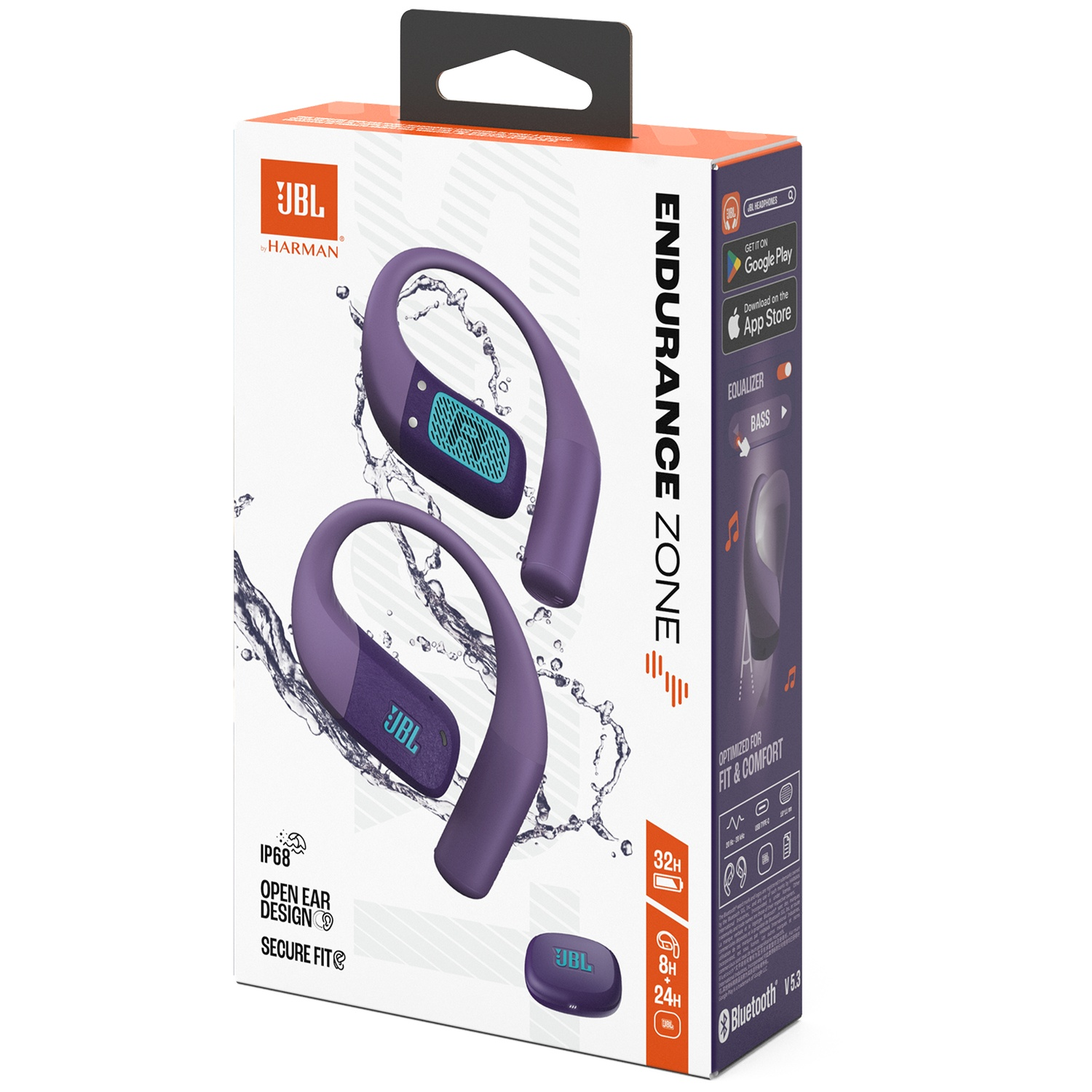 Doos met JBL Endurance Zone-hoofdtelefoon. Paarse oortelefoons, blauwe accenten. Doos heeft JBL-logo, endurance zone-tekst. Kenmerken staan op doos.