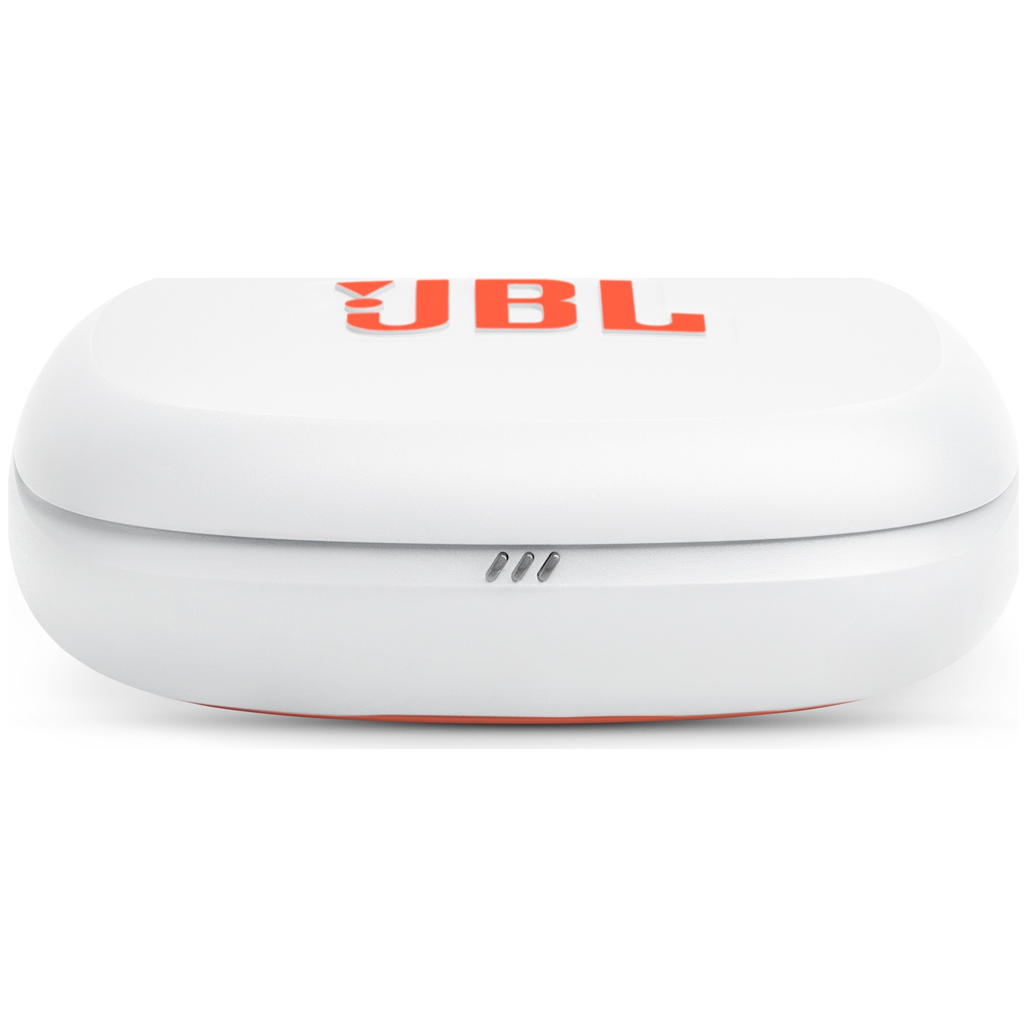 Un étui de chargement blanc pour écouteurs JBL avec des accents et un logo orange. Il est de forme ovale et le logo est en haut.