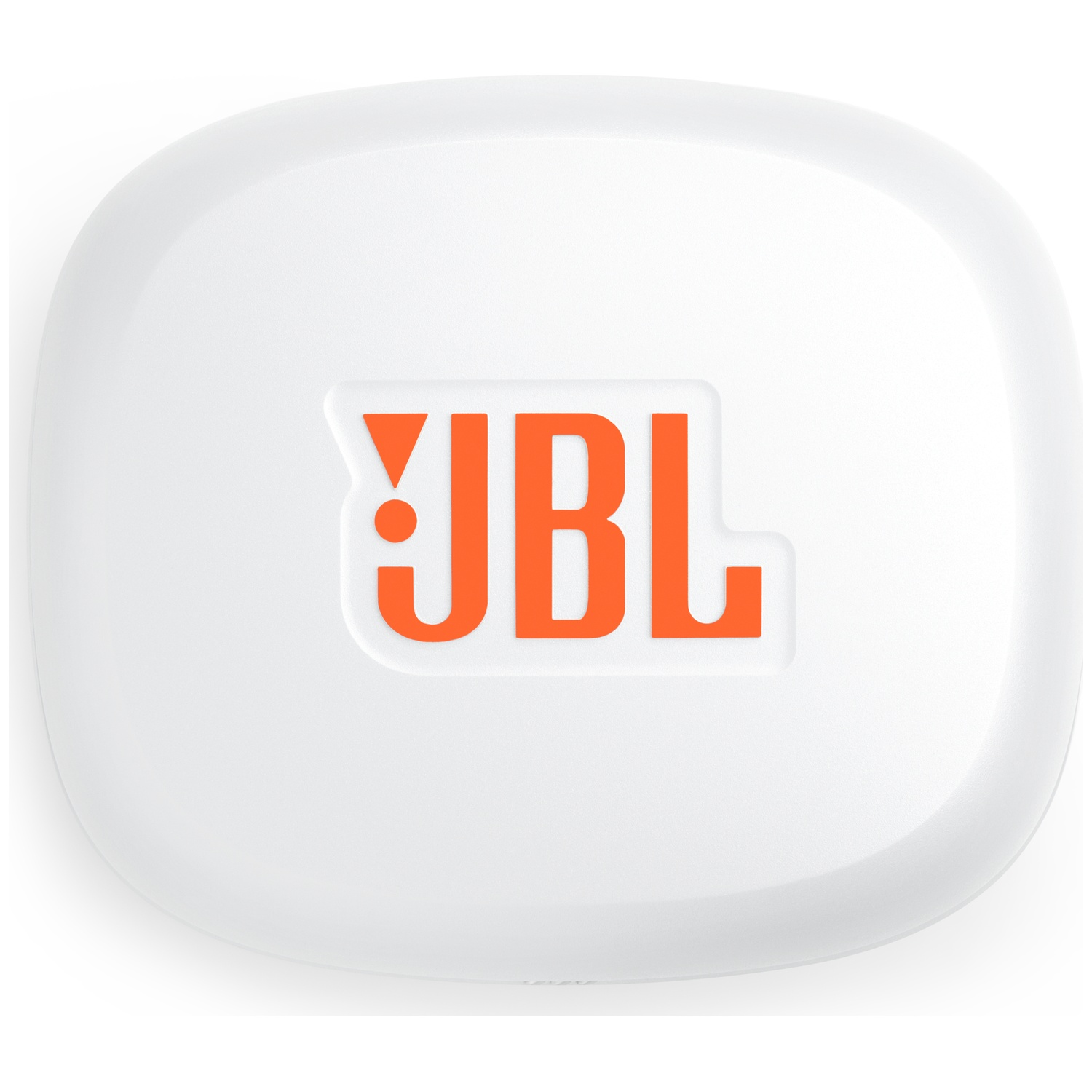 Étui blanc ovale pour écouteurs JBL. Le logo JBL orange est centré. L'étui est sur fond blanc.