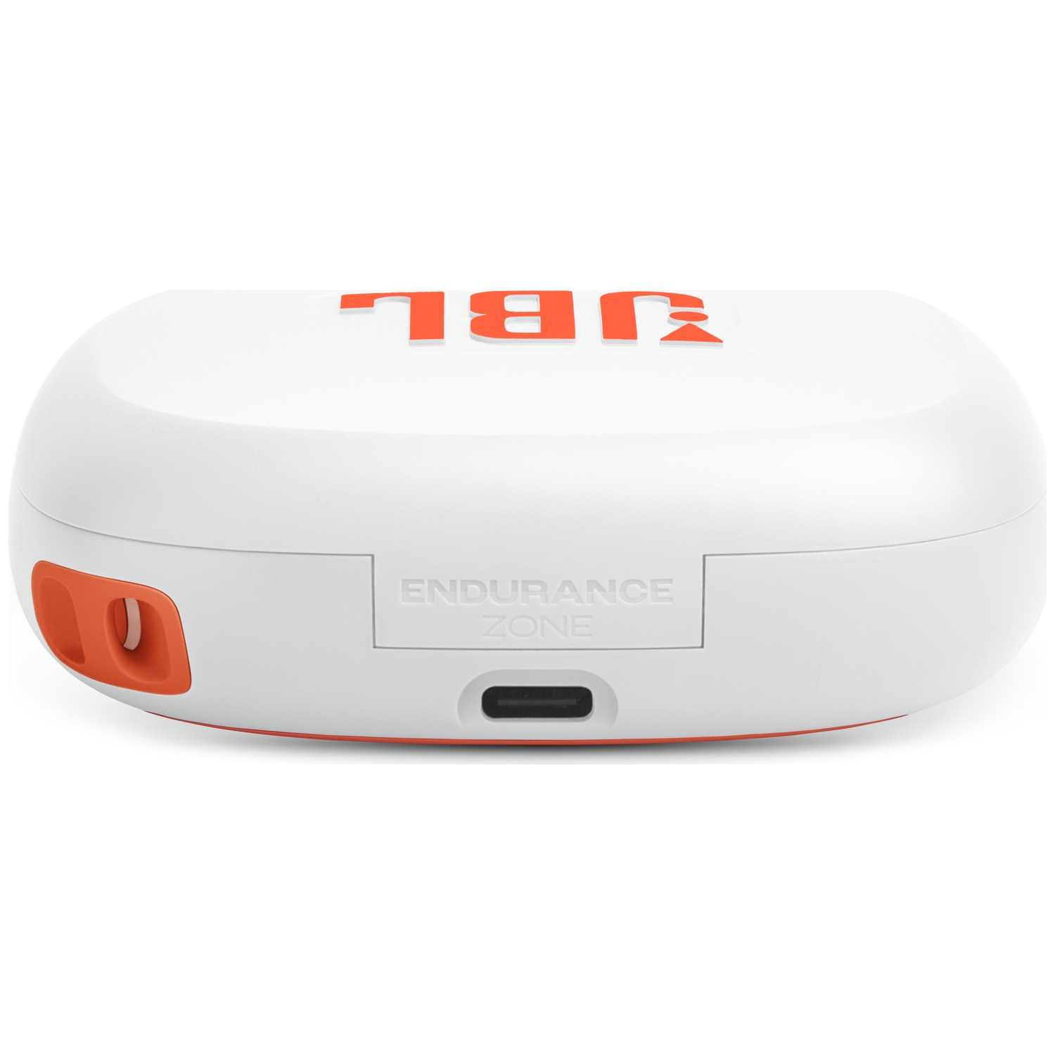 Étui d'écouteurs JBL blanc avec des accents orange. Le mot JBL est en haut. L'étui porte le texte 'ENDURANCE ZONE'.