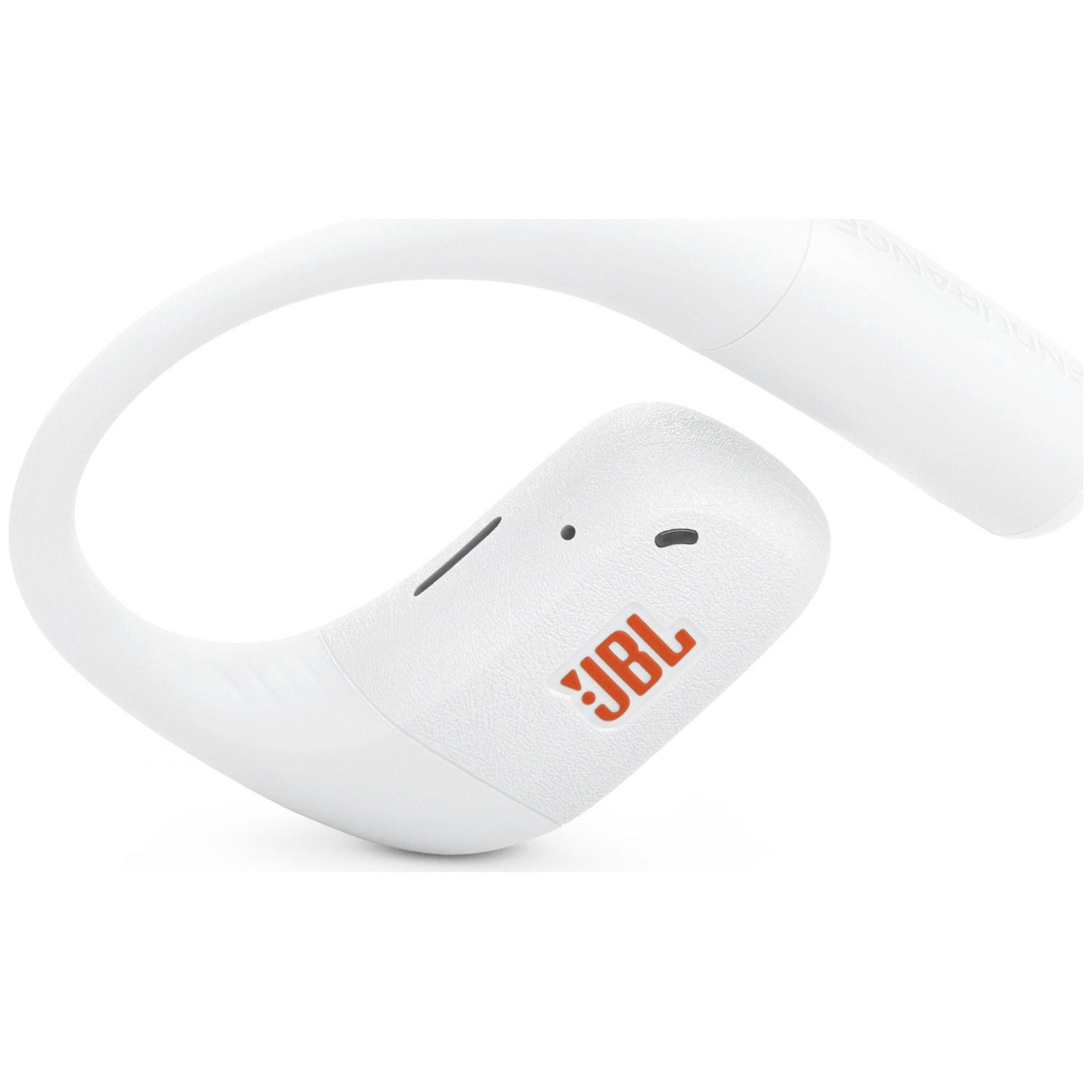 Écouteurs JBL Endurance blancs sur fond blanc. Le logo JBL est orange. Conception incurvée pour un maintien sûr.