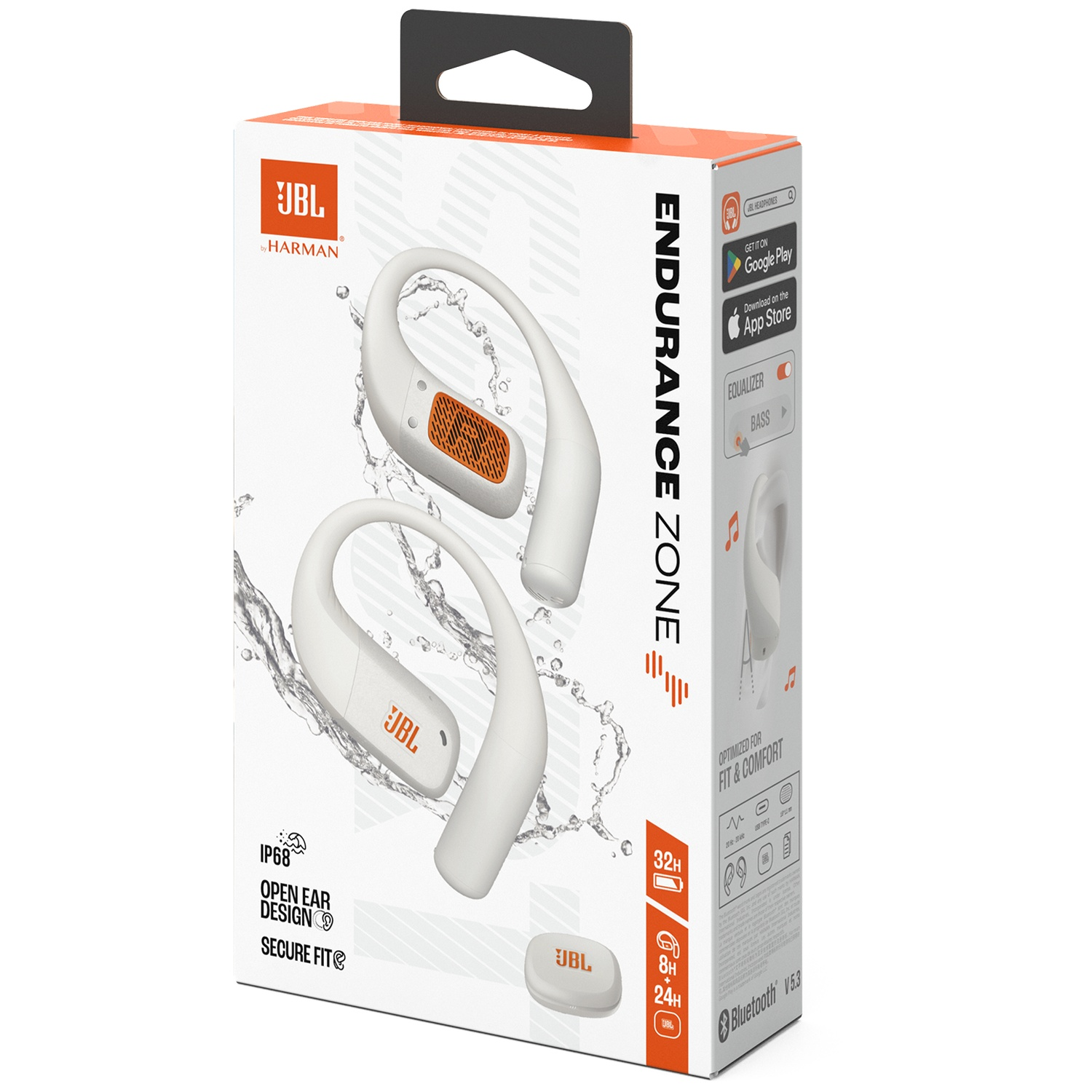 Boîte d'écouteurs JBL Endurance Zone, blancs avec des accents orange, avec un design d'oreille ouverte et un ajustement sûr, avec des informations de téléchargement d'application.