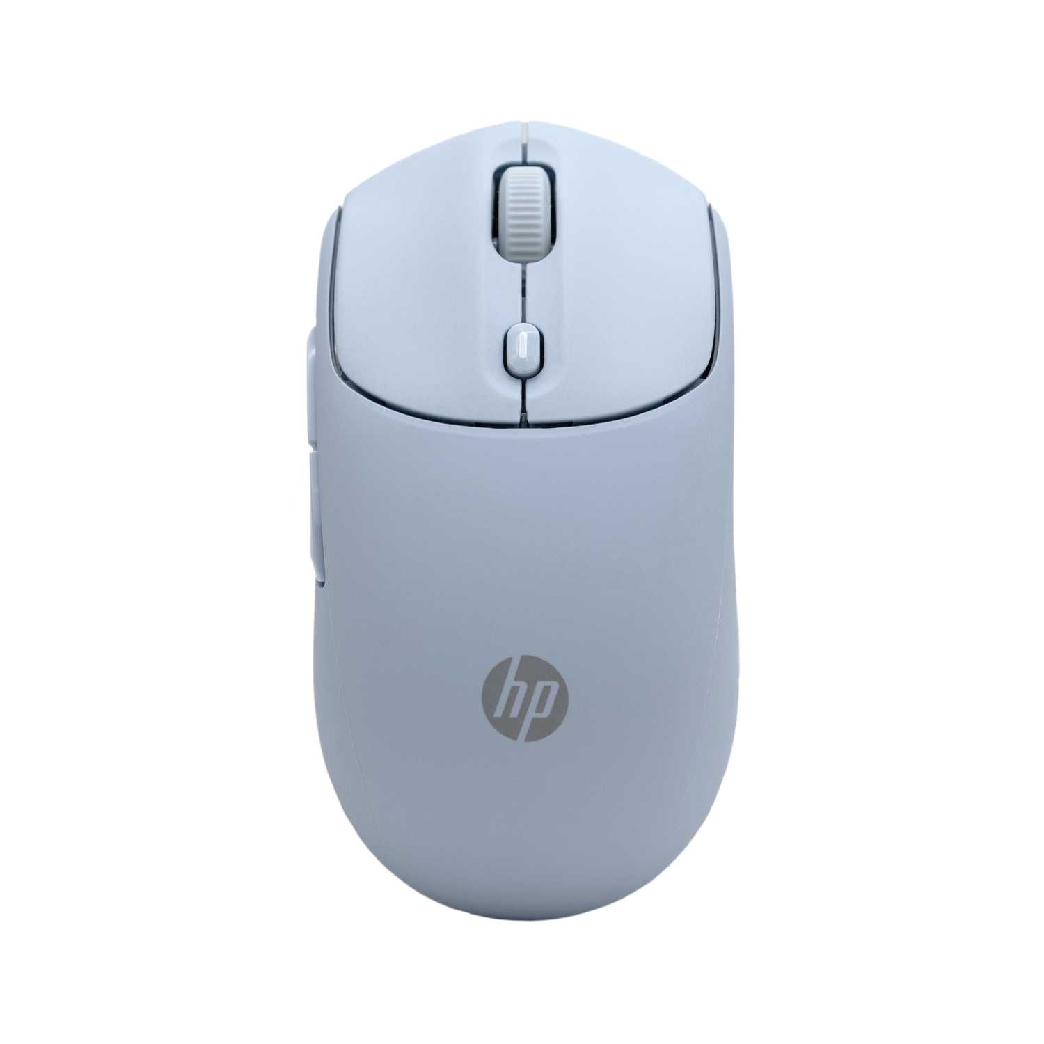 Un ratón de ordenador HP azul claro. Tiene una rueda de desplazamiento, botones y un logotipo HP en la parte inferior. Fondo blanco.