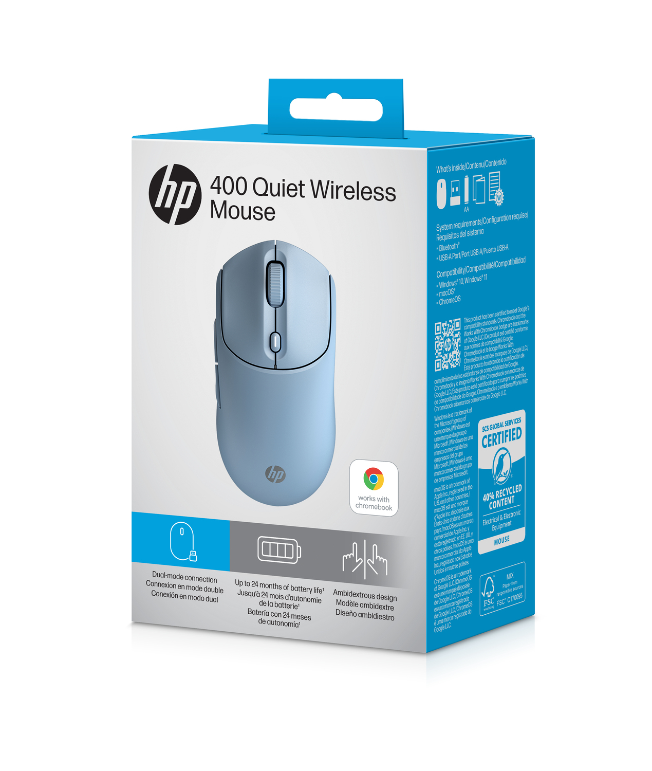 Caja del ratón inalámbrico silencioso HP 400 azul. Cuenta con conexión de modo dual, diseño ambidiestro y 24 meses de batería.