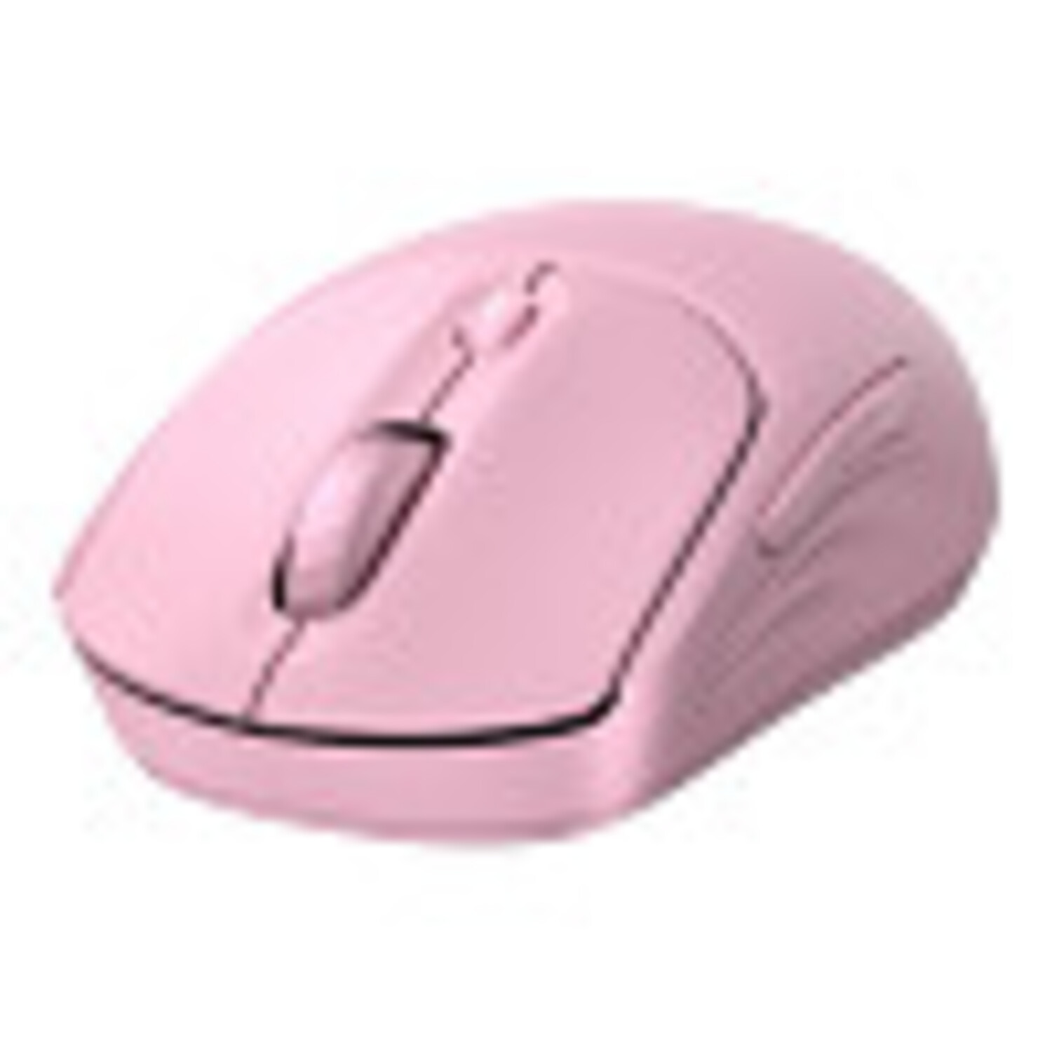 Un ratón de ordenador rosa. Tiene una rueda de desplazamiento, botones izquierdo y derecho. El ratón está sobre un fondo blanco.