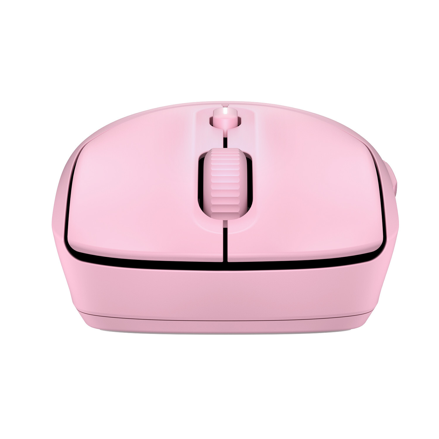 Un ratón de ordenador inalámbrico rosa con rueda de desplazamiento y botones. El ratón está sobre un fondo blanco.
