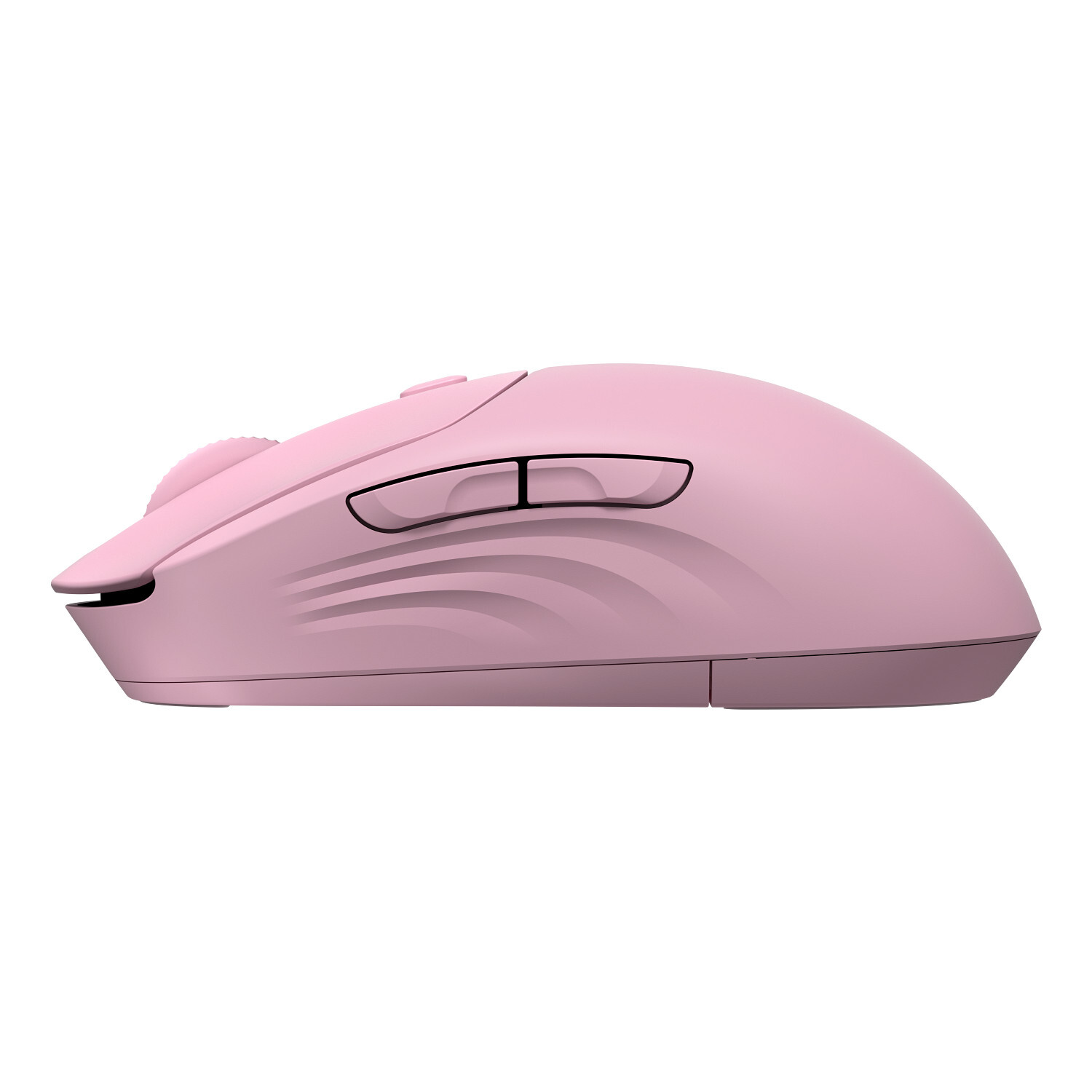 Un ratón inalámbrico rosa, vista lateral. Tiene botones, una rueda de desplazamiento y un diseño curvo. Fondo blanco.