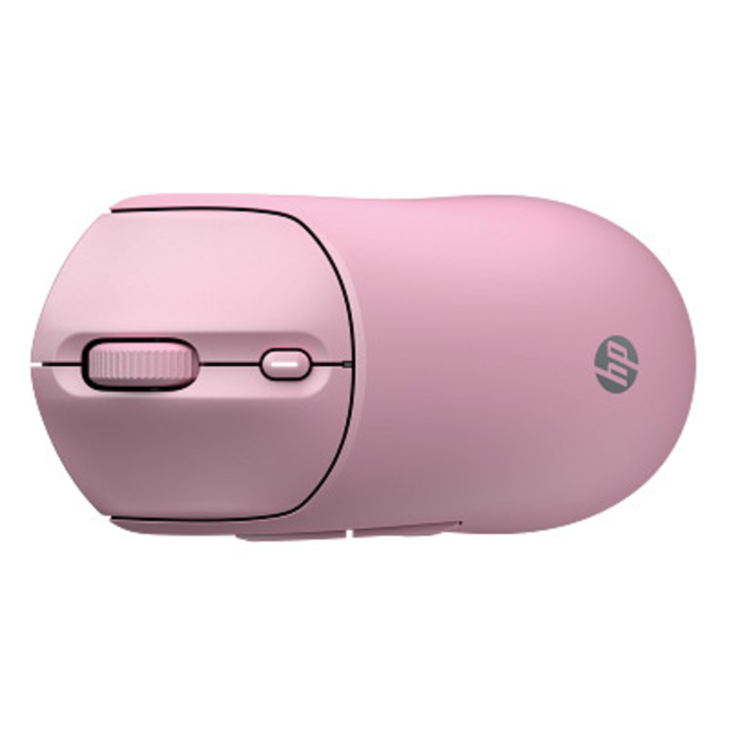 Un ratón inalámbrico rosa HP sobre un fondo blanco. El ratón tiene una rueda de desplazamiento y dos botones.