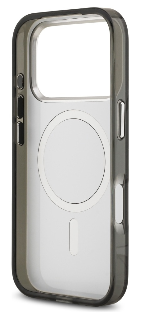 Przezroczyste etui na telefon z czarnymi krawędziami. Posiada wycięcia na przyciski i okrągły wzór z tyłu.