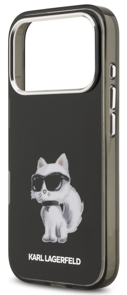 Czarne etui na telefon z białym kotem w okularach przeciwsłonecznych. Etui ma logo Karl Lagerfeld.