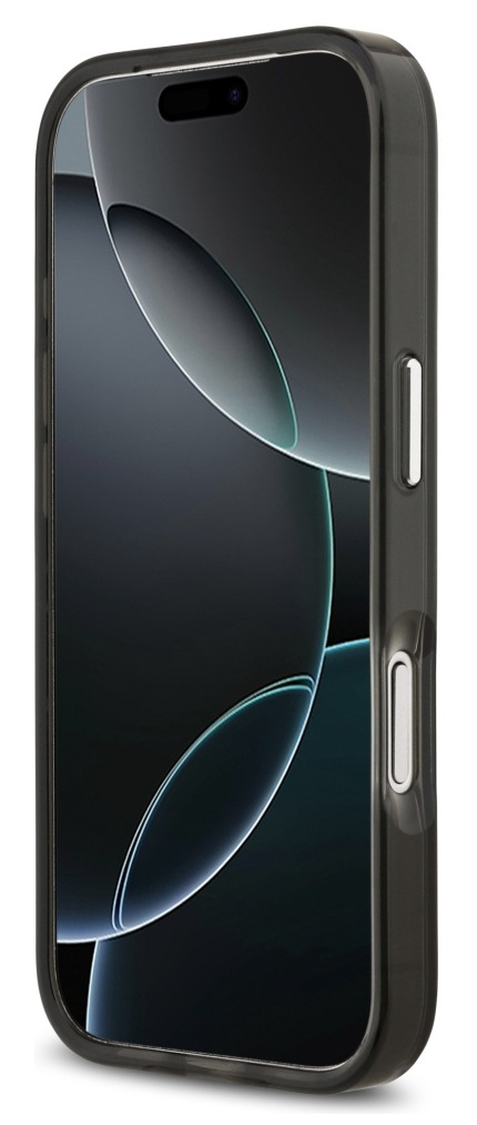 Smartfon w przezroczystym etui. Ekran wyświetla abstrakcyjną sztukę z zakrzywionymi liniami. Widoczne przyciski telefonu.