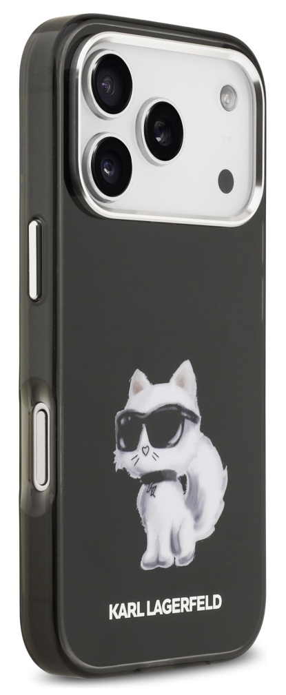 Czarne etui na telefon z białym kotem w okularach przeciwsłonecznych. Logo Karl Lagerfeld na dole. Telefon ma trzy kamery.