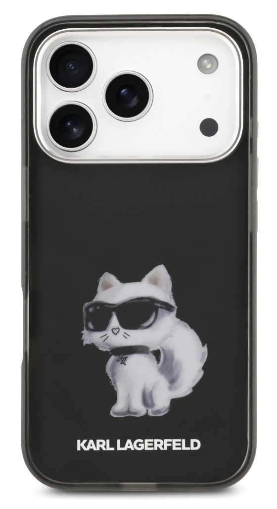 Czarne etui na iPhone'a z białym kotem w okularach przeciwsłonecznych. Etui ma moduł aparatu i logo Karl Lagerfeld.