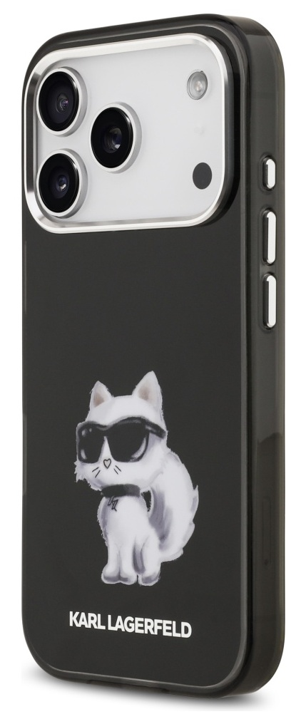 Czarne etui na iPhone'a z białym kotem w okularach przeciwsłonecznych. Etui ma logo Karl Lagerfeld.