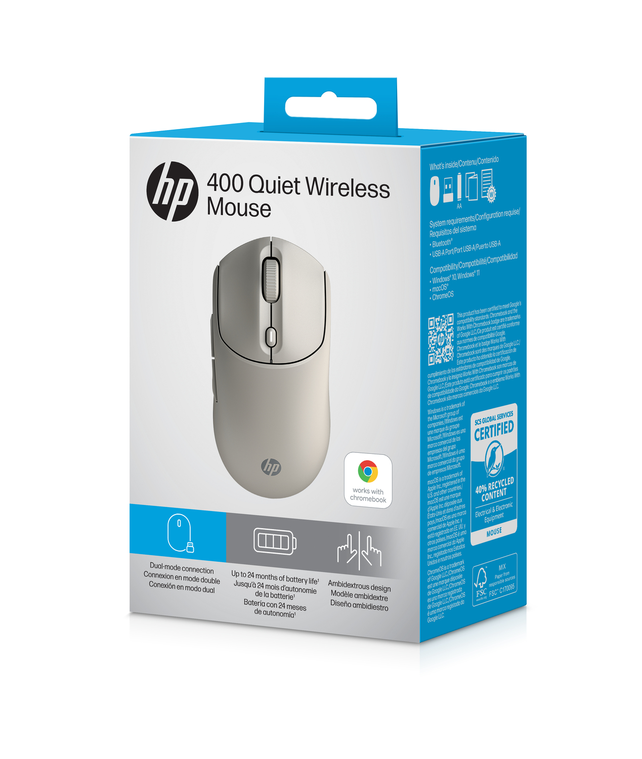 Ratón inalámbrico silencioso HP 400 en caja. La caja es blanca con detalles azules. El ratón es gris claro.