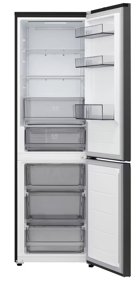 Otwarta lodówka, pokazująca półki i szuflady. Drzwi otwarte, odsłaniające wnętrze z przezroczystymi przegródkami.