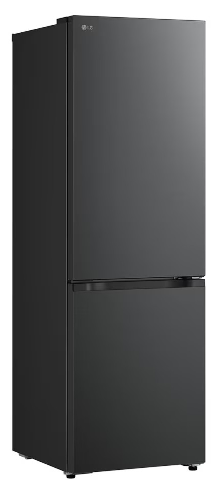 Czarna lodówka LG. Lodówka ma dwoje drzwi, górną część i dolną zamrażarkę. Widoczne jest logo LG.