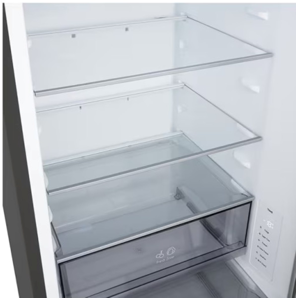 Wnętrze lodówki ze szklanymi półkami i szufladą. Wnętrze jest biało-szare, z panelem sterowania po prawej stronie.