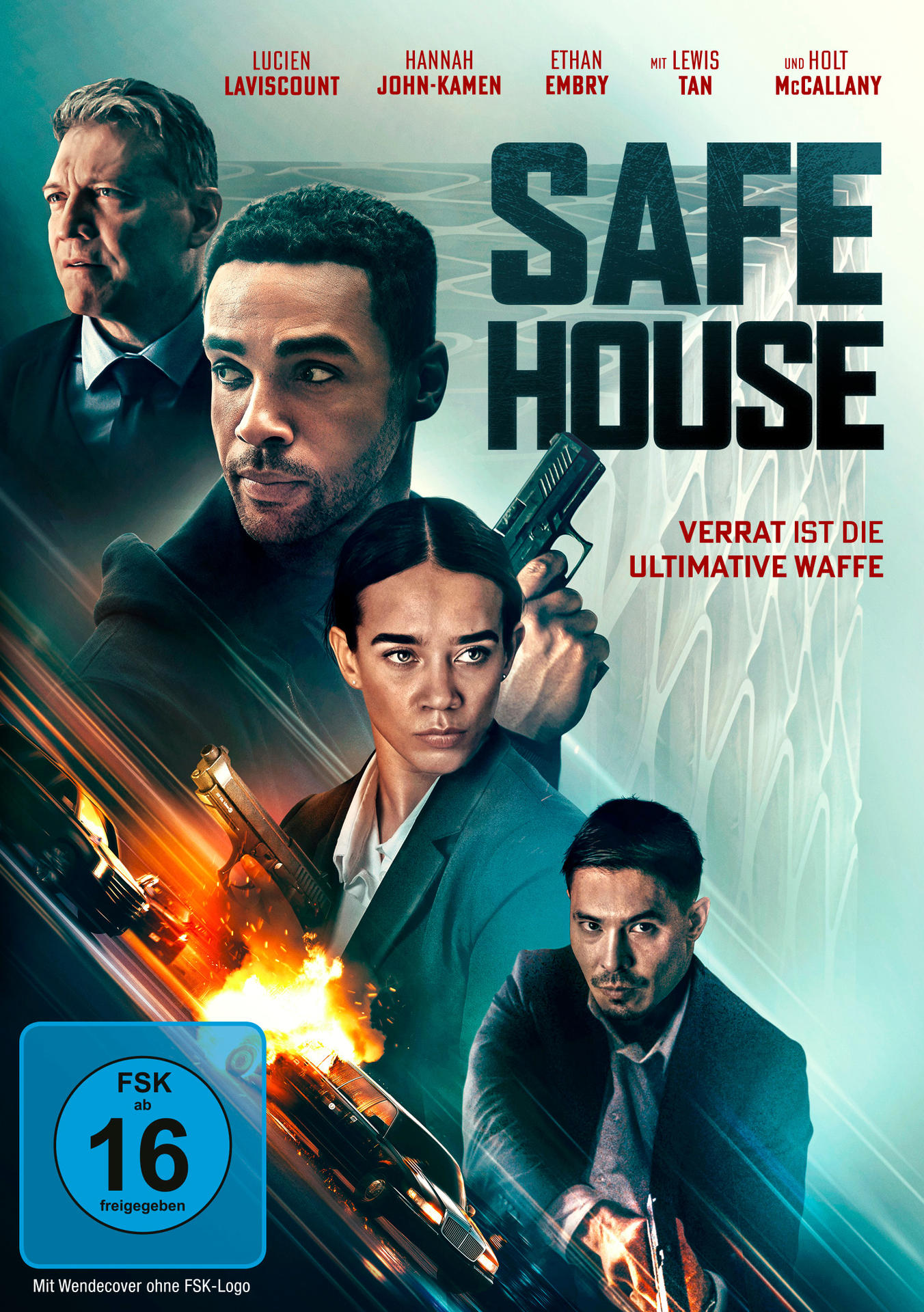 Filmplakat für Safe House. Zeigt mehrere Schauspieler, Waffen und Autos. Der Titel ist prominent, zusammen mit dem Rating-Logo.