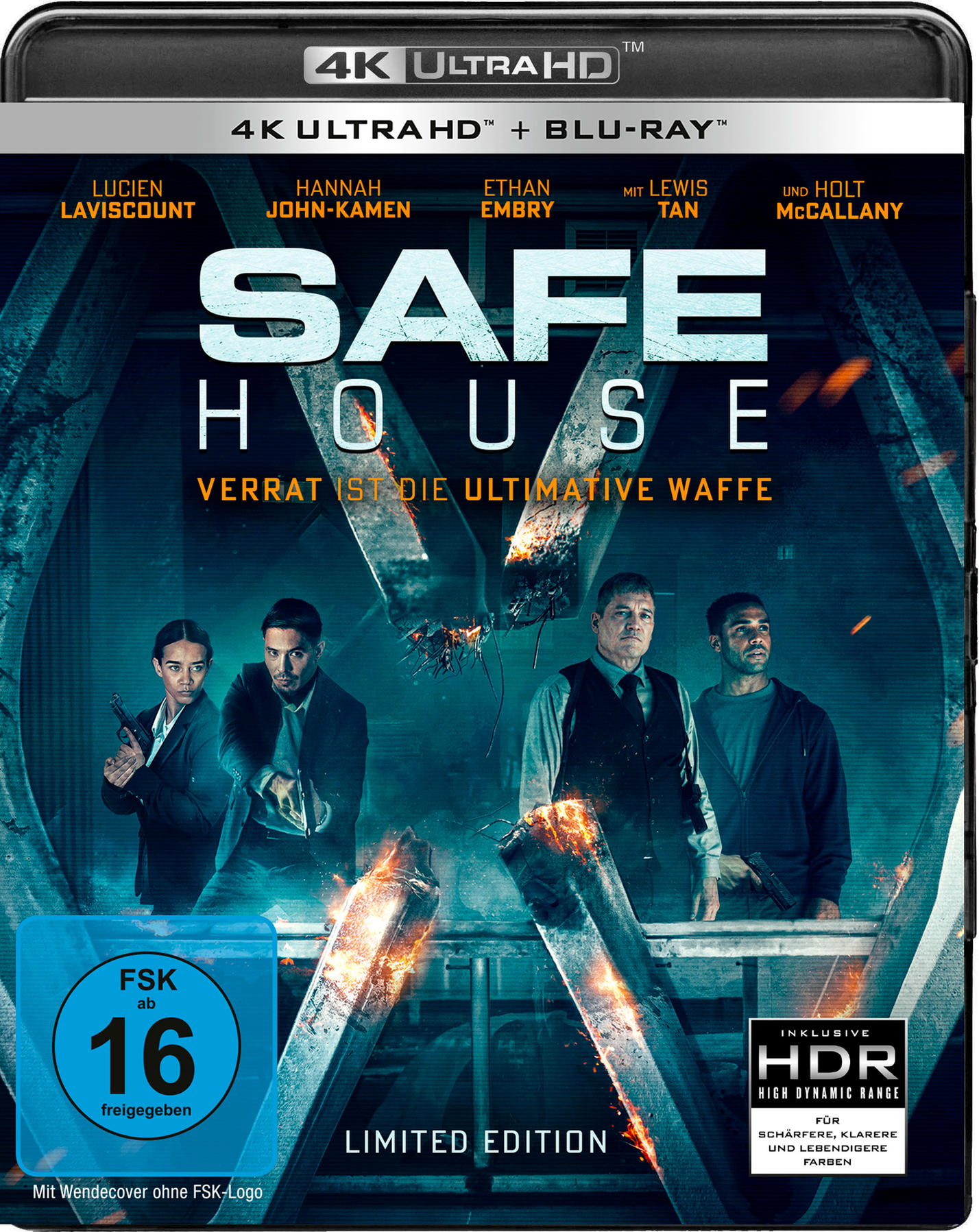 Filmcover: Safe House. Vier Personen halten Waffen. Der Text oben enthält Titel und Schauspieler. Blu-ray- und HDR-Logos sind vorhanden.