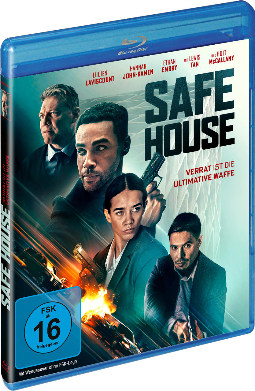 Blu-ray-Cover von 'Safe House' mit Schauspielern und Waffen. Der Titel ist prominent. Es wird ein blaues und oranges Farbschema verwendet.