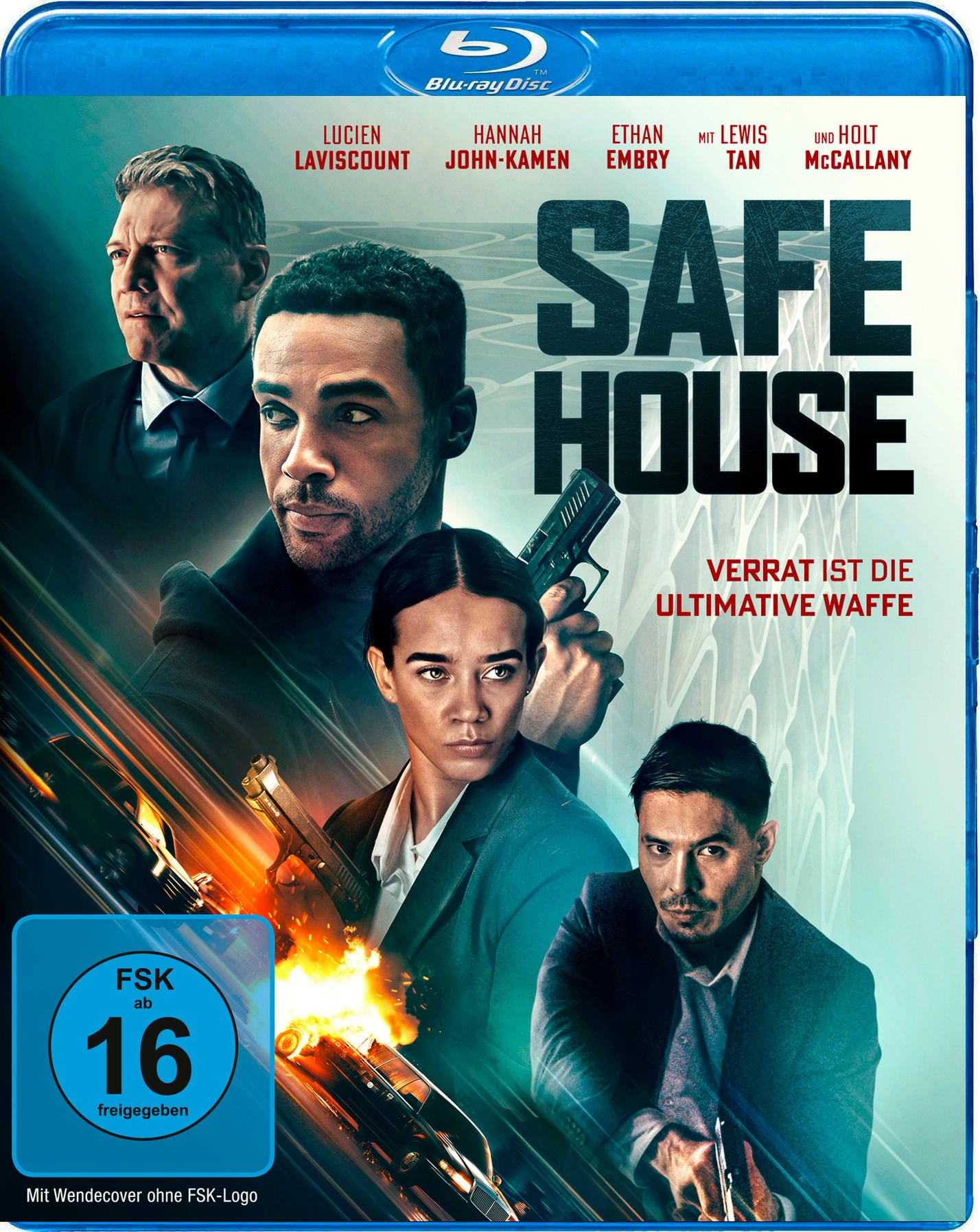 Filmposter für 'Safe House'. Zeigt Schauspieler mit Waffen, den Titel und ein Blu-ray Disc Logo. Bewertung: 16+