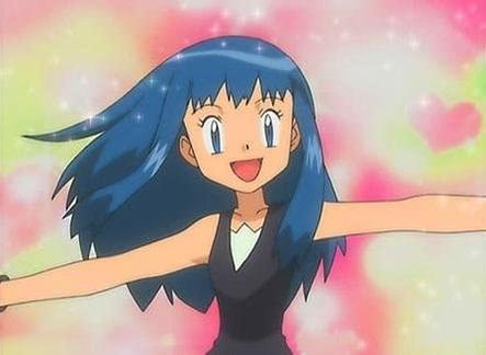 Anime-Figur mit blauen Haaren und einem schwarzen Kleid lächelt mit offenen Armen. Pinker und grüner Hintergrund mit Herzen und Glitzer.