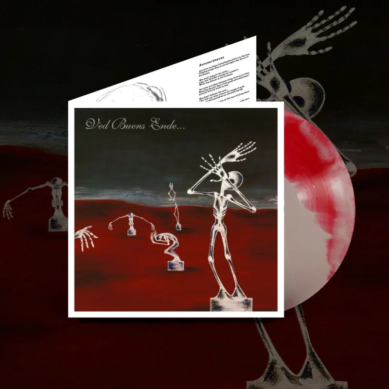 Album borító csontvázakkal piros háttéren. Egy piros-fehér örvénylésű bakelit látható. Szöveg: 'Ved Buens Ende...'