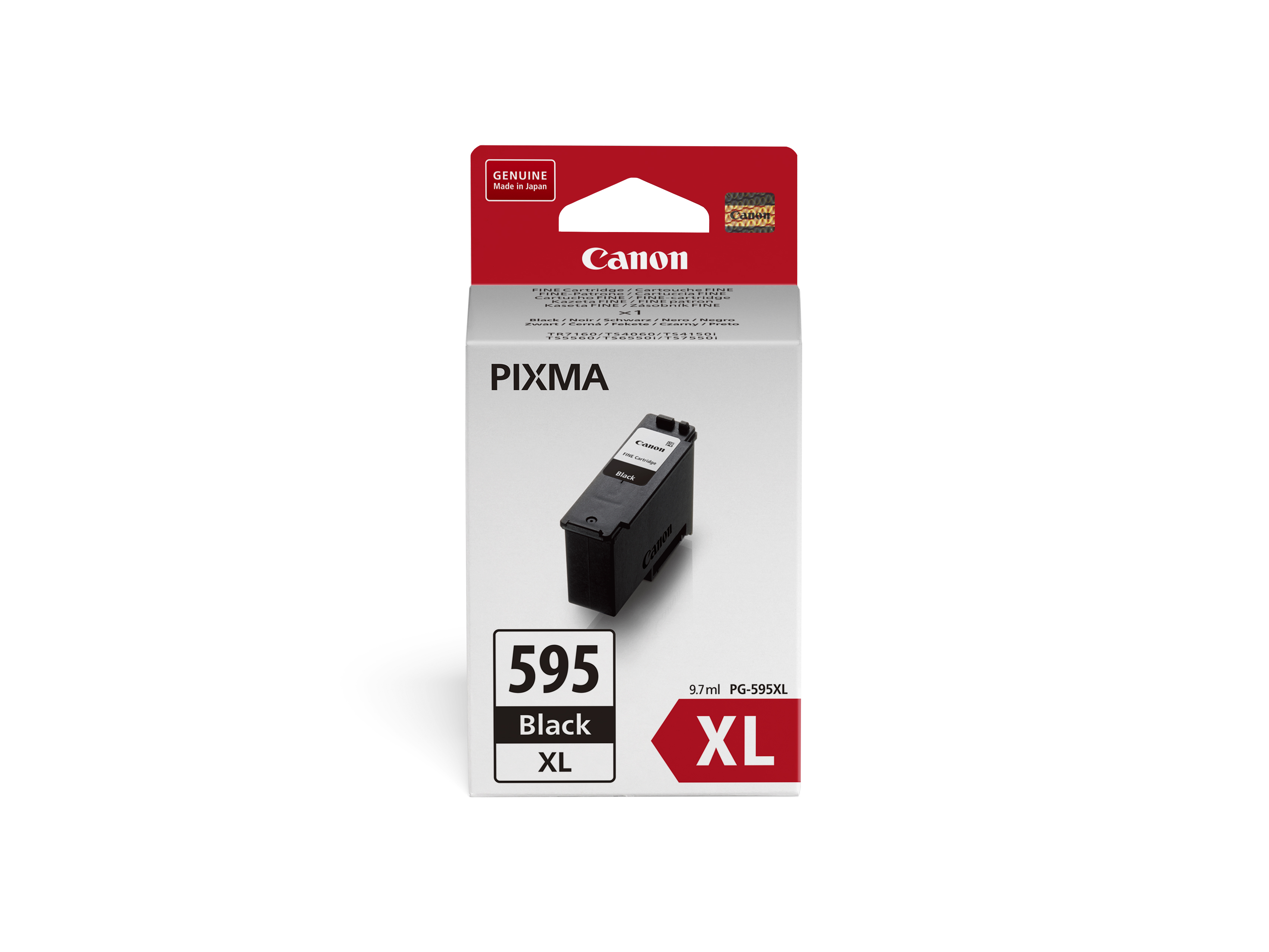A Canon Pixma black ink cartridge box. The box is white with black and red text, and a black cartridge inside.